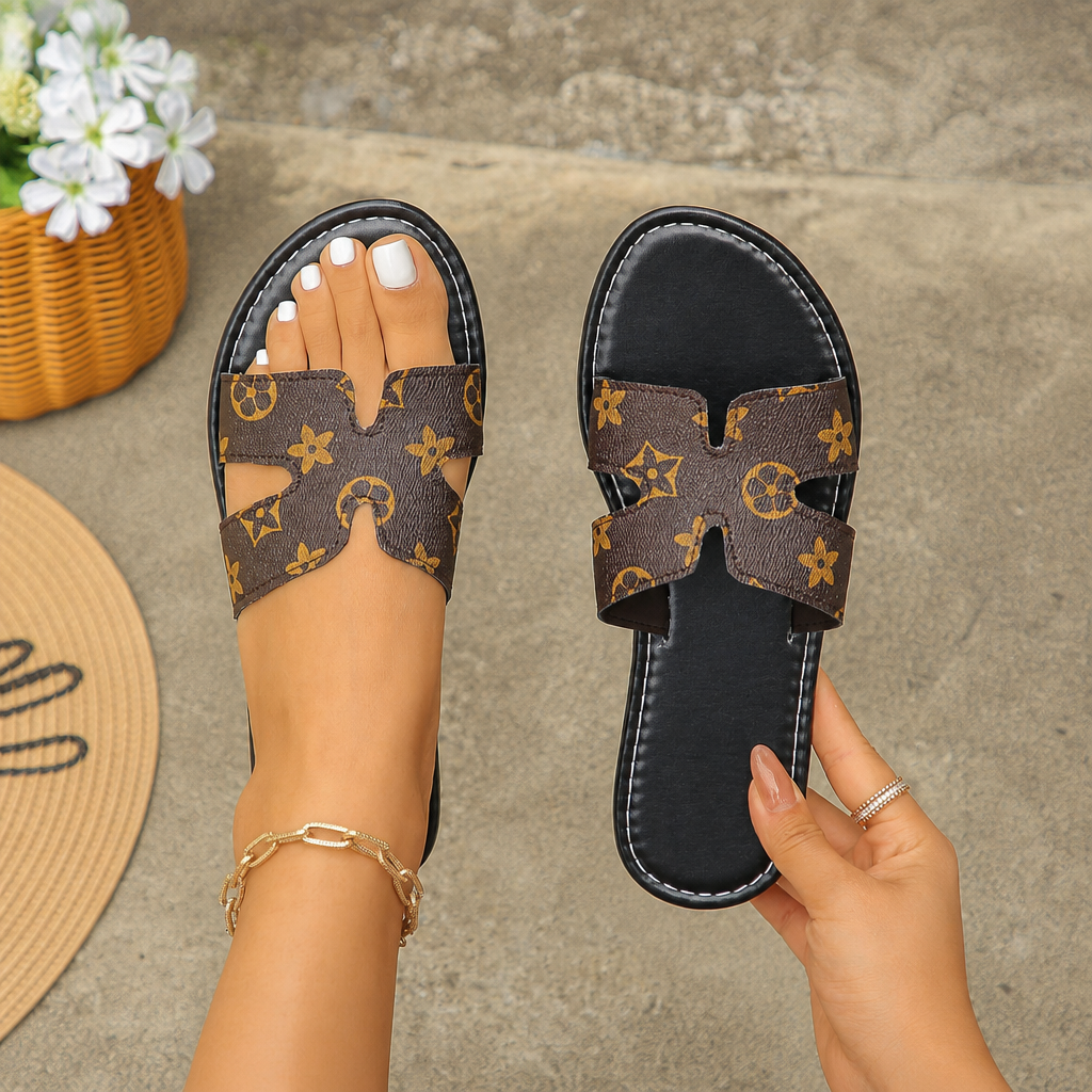 Vintage Patterned Cutout Flat Slide Sandals For Women