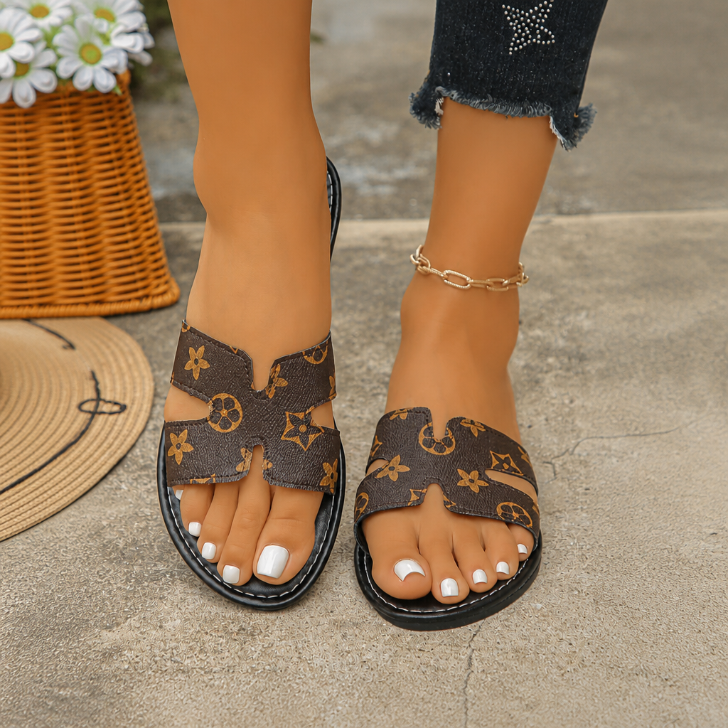 Vintage Patterned Cutout Flat Slide Sandals For Women