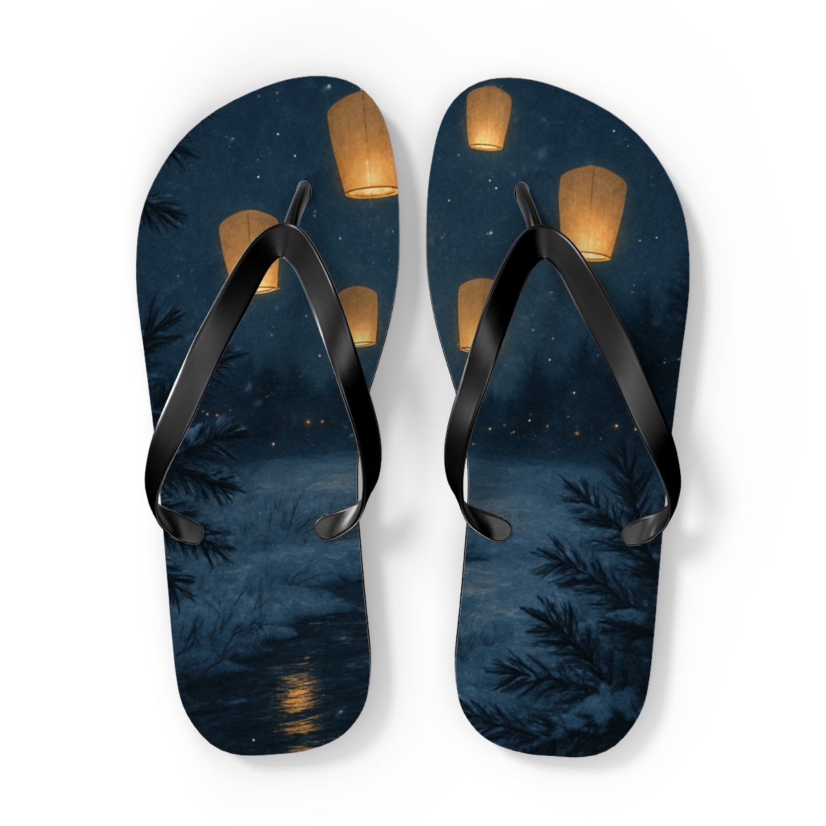 Winter Solstice Lantern Drift colorful rubber flip flops