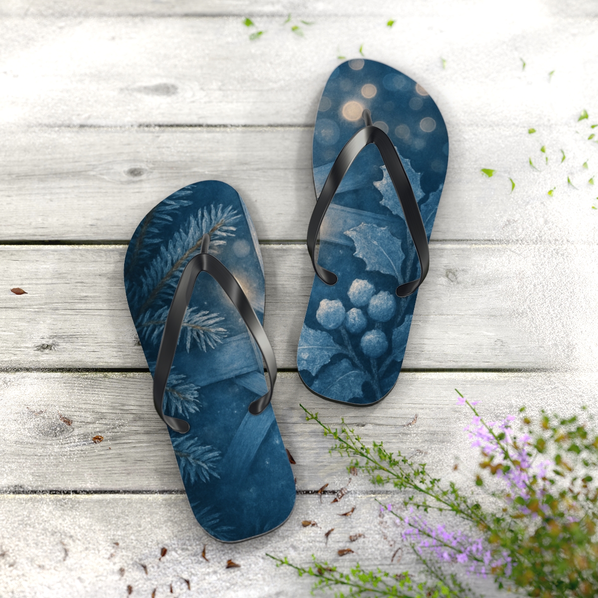 Winter Solstice Starlight Candleweave personalized beach flip flops