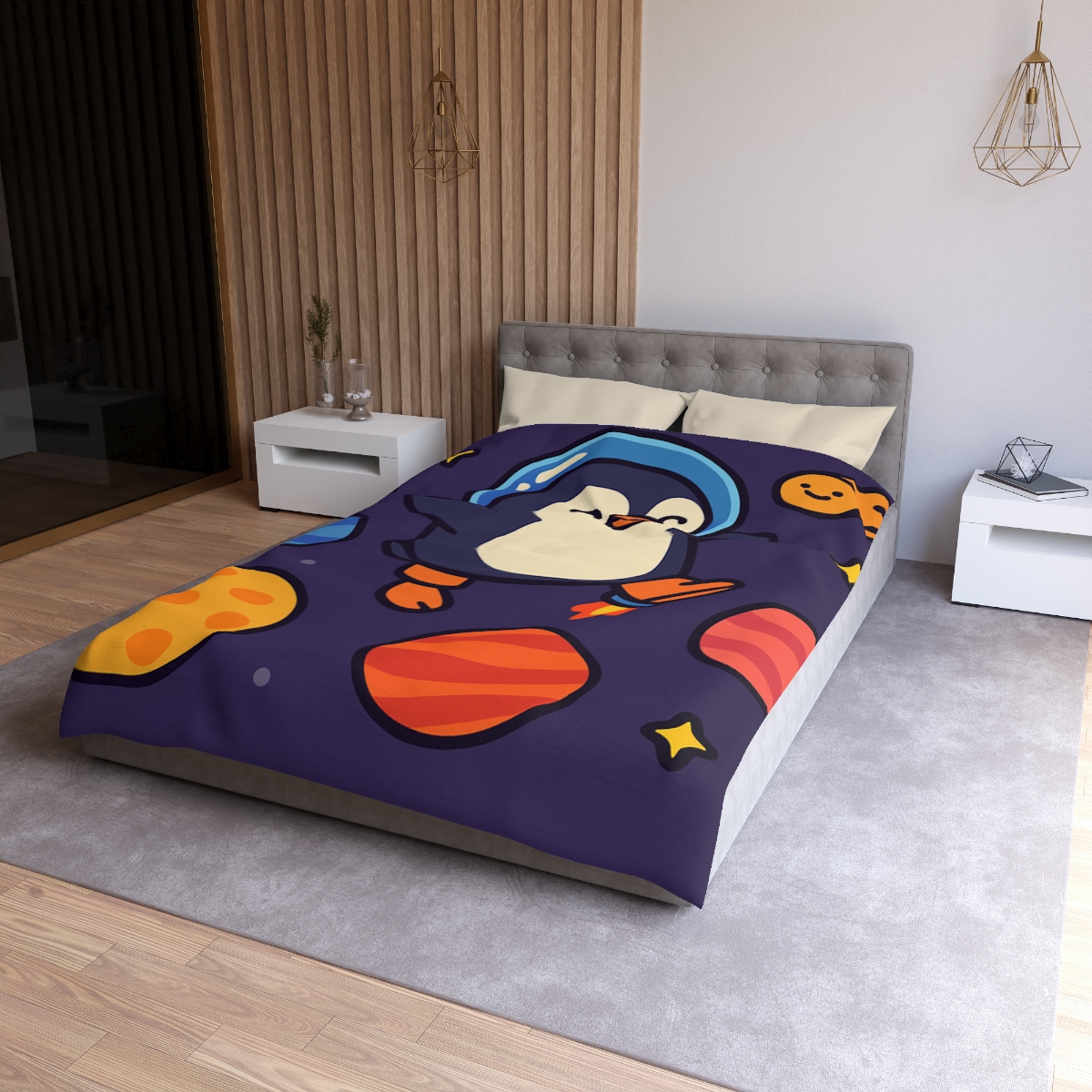 Planet Hopping Penguin Adventure stylish duvet covers