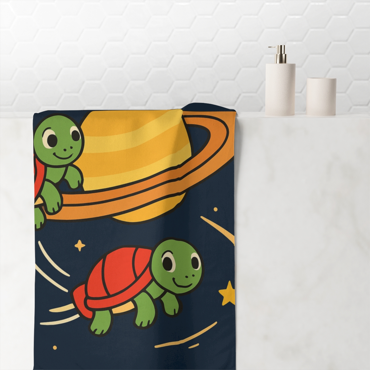 Rocket Turtles Around Saturn custom towels