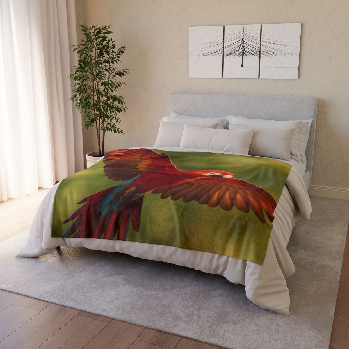 Scarlet Arc Macaw In Flight soft fleece blankets