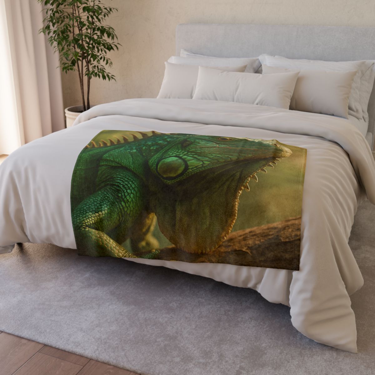 Sunlit Armor Green Iguana designer printed blankets