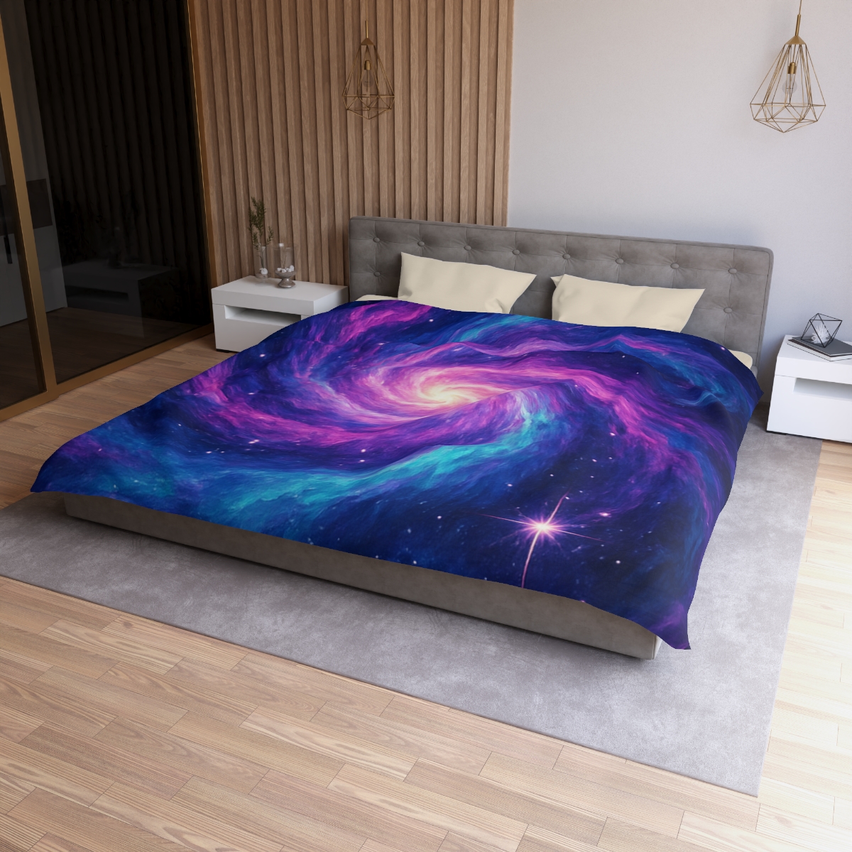 Nebula Spiral Haze designer printed duvets
