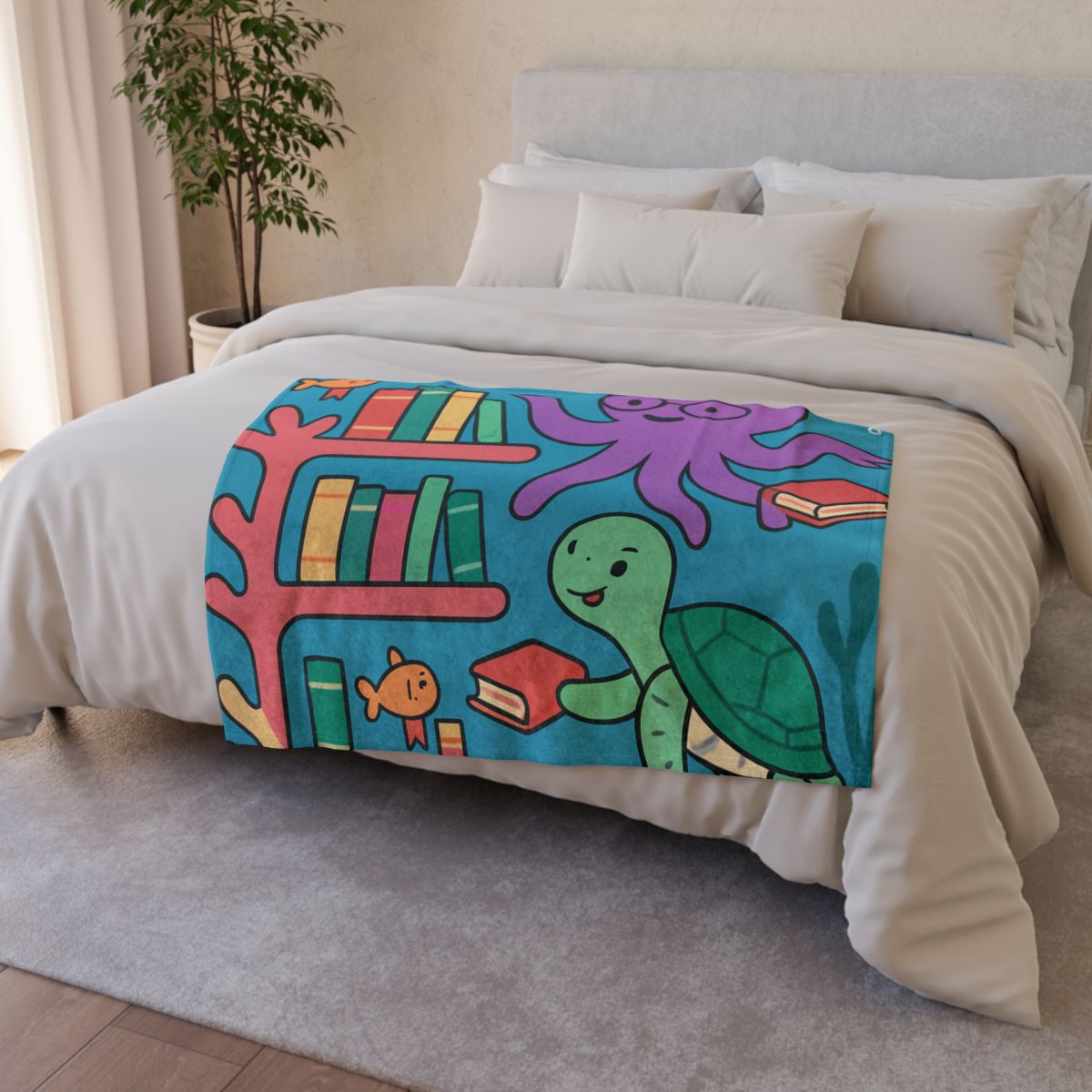 Coral Library And The Octopus Librarian designer printed blankets