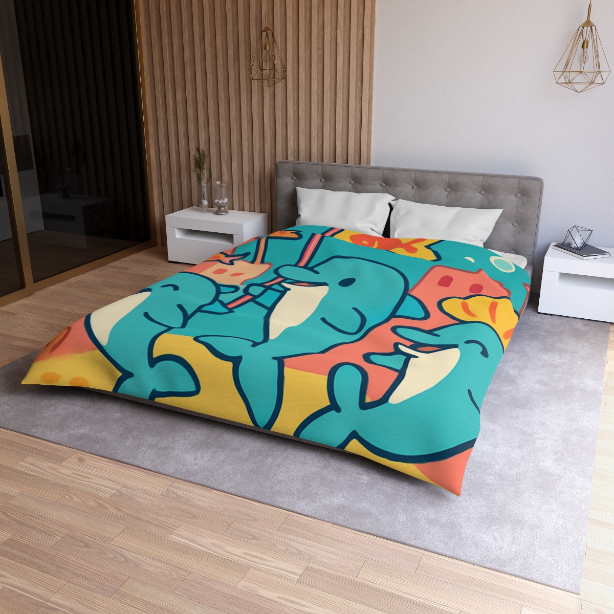 Coral City Dolphin Parade custom duvets