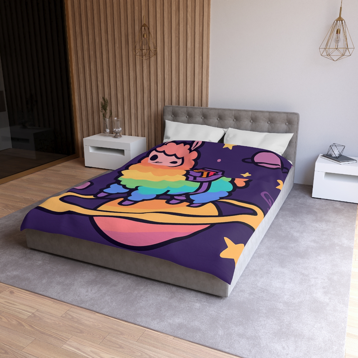 Galaxy Riding Rainbow Llama personalized bedding duvets
