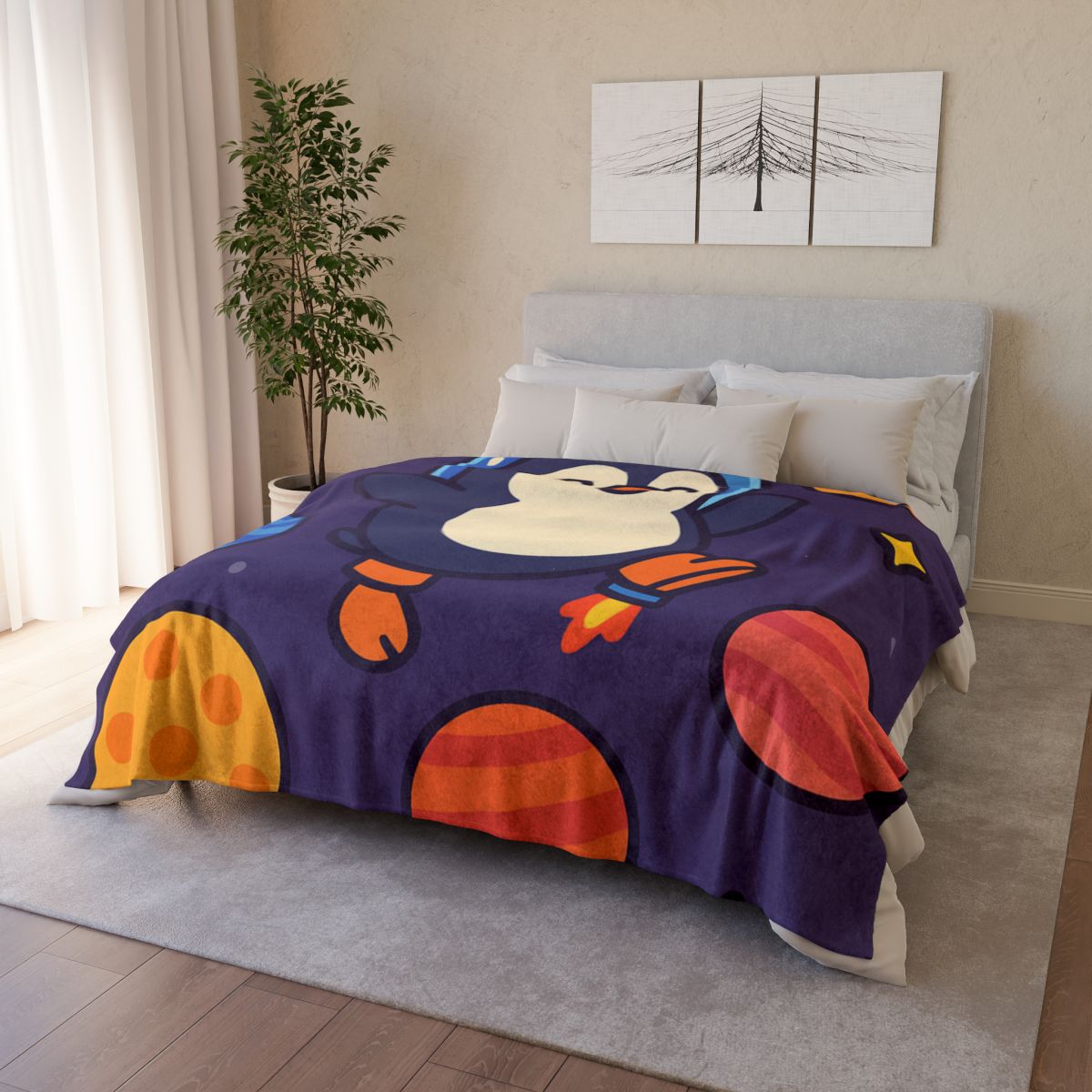 Planet Hopping Penguin Adventure personalized cozy blankets