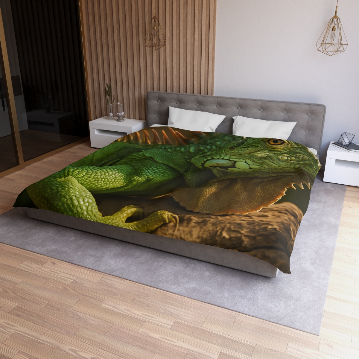 Sunlit Perch Green Iguana custom duvets