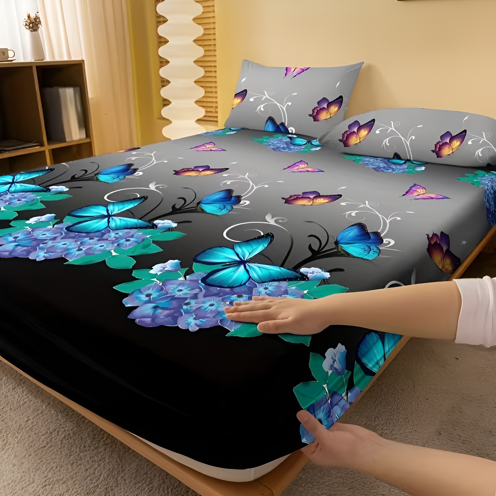 Vibrant Butterfly Floral Pattern Fitted Sheet