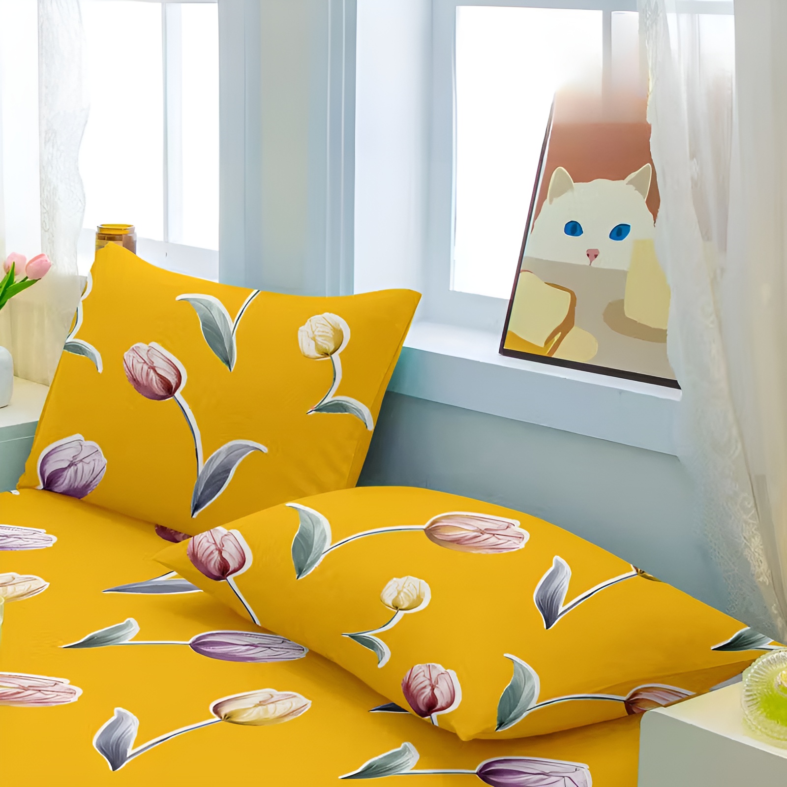 1pc Minimalist Modern Plant Floral Tulip Yellow Pattern Printed Velvet Pillow Cover