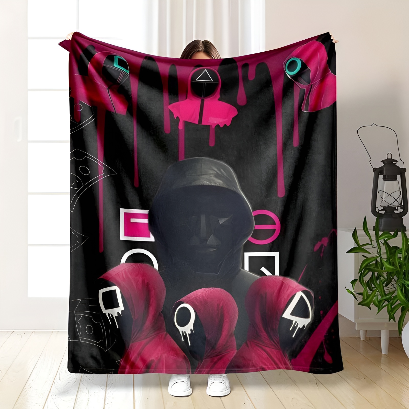 Fleece Flannel Blanket with Geometric Mask Print Soft Warm Lightweight 