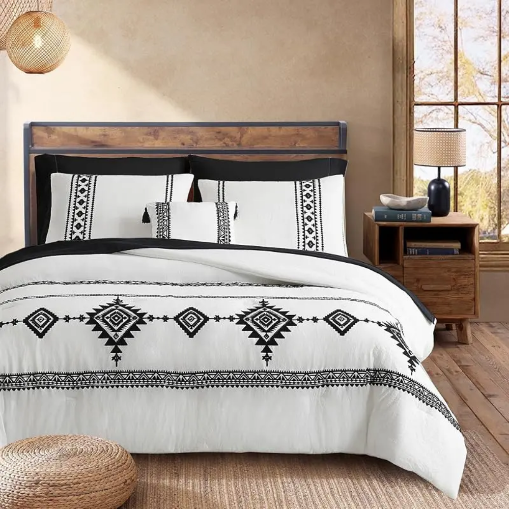7 Pieces Boho Embroidered Comforter Set With Pillowcases And Shams