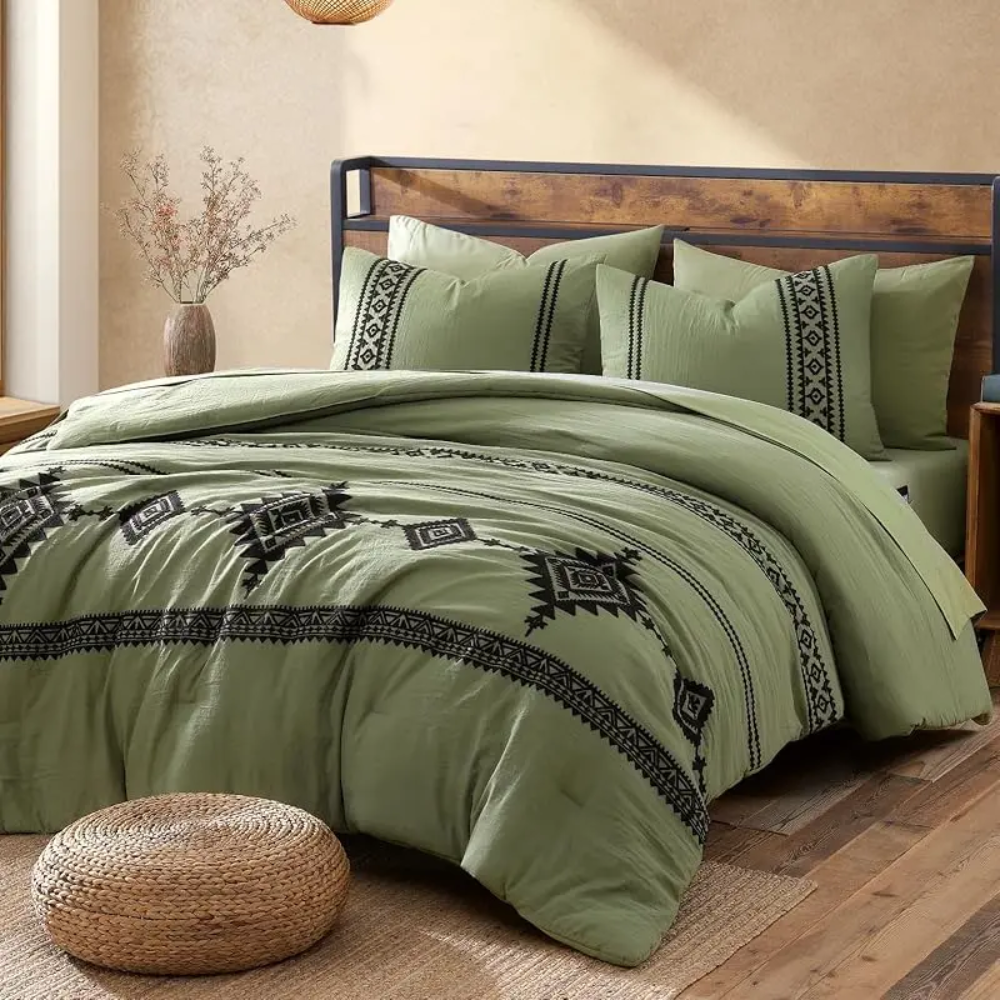 7 Pieces Boho Embroidered Comforter Set With Pillowcases And Shams