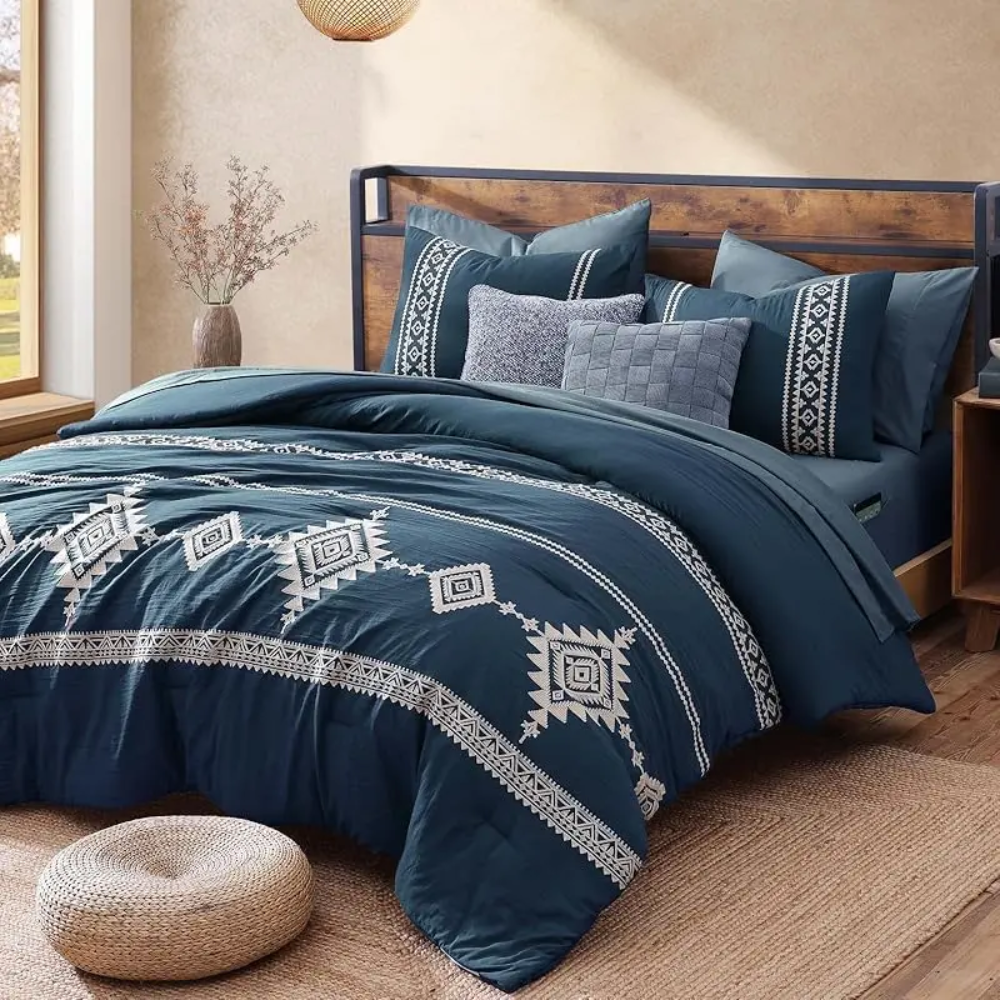7 Pieces Boho Embroidered Comforter Set With Pillowcases And Shams