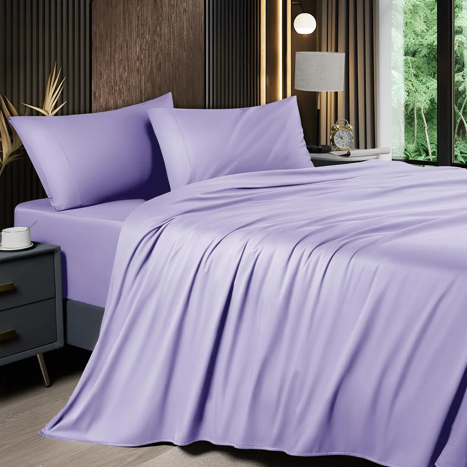 Solid Colored Lightweight Fitted Bedding Sheet Set With Deep Pocket