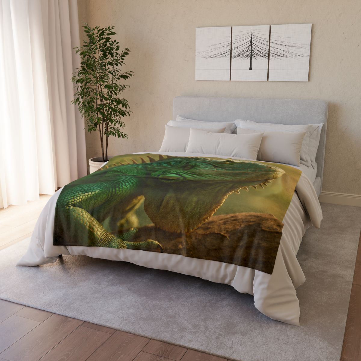 Sunlit Armor Green Iguana designer printed blankets