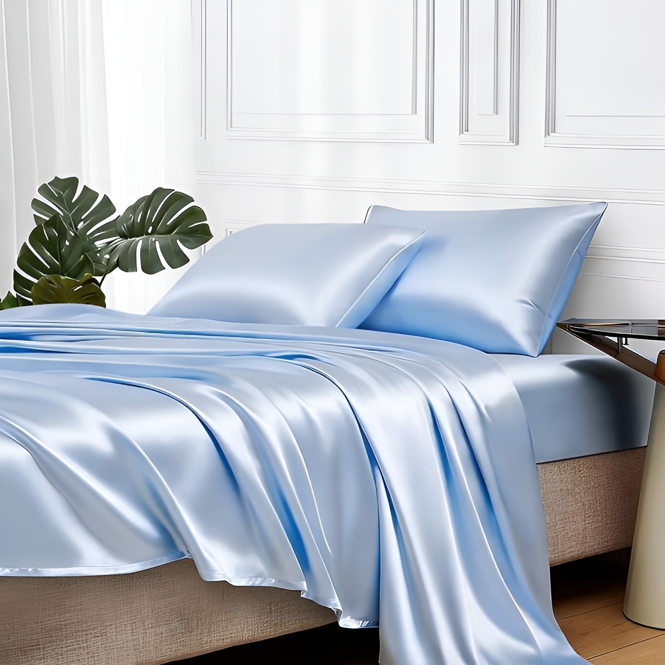 4 Piece Of Satin Queen Sheet Set With Deep Pocket