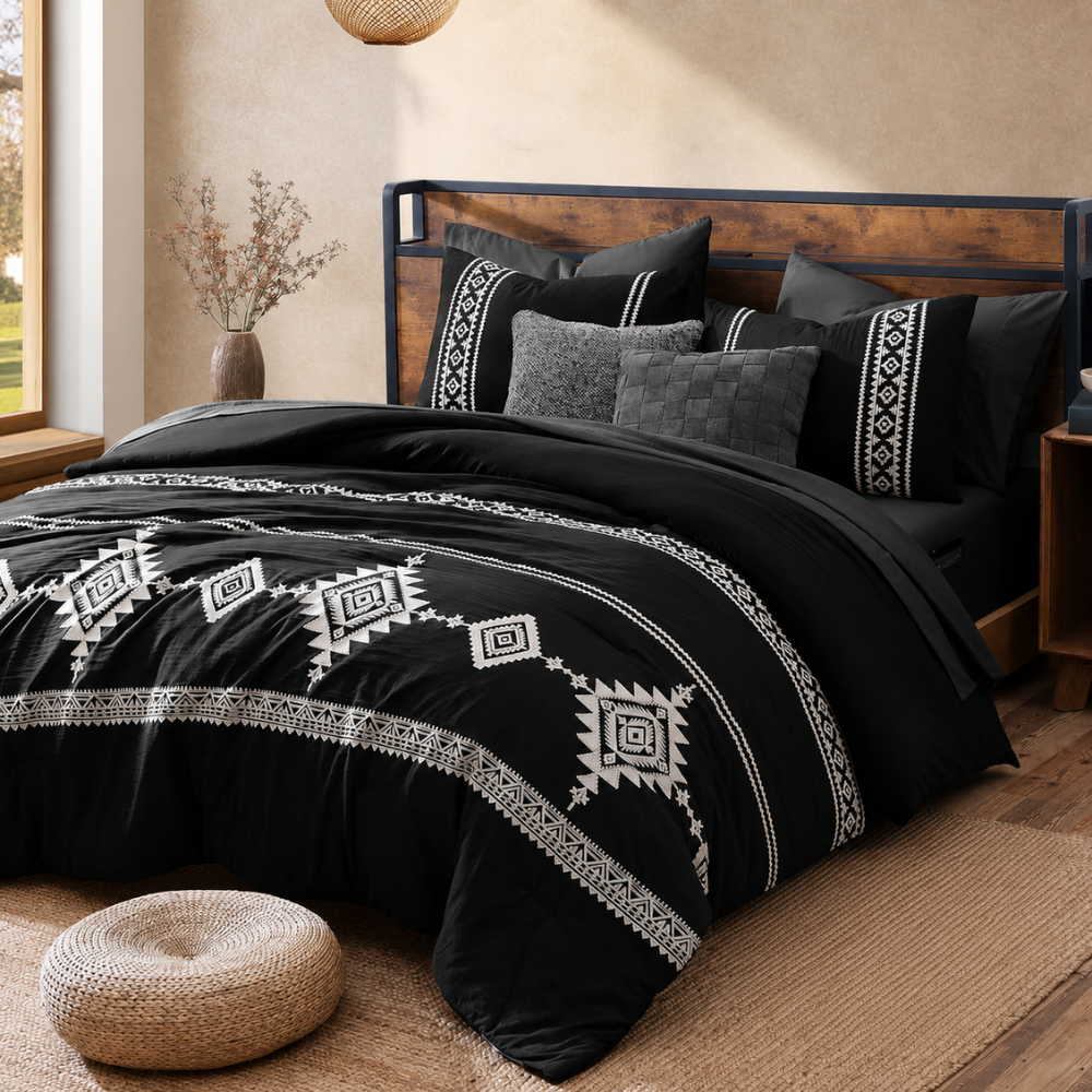 7 Pieces Boho Embroidered Comforter Set With Pillowcases And Shams