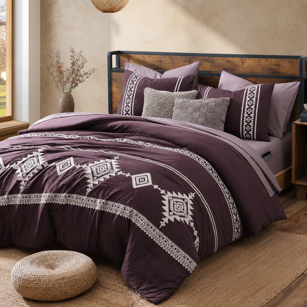 7 Pieces Boho Embroidered Comforter Set With Pillowcases And Shams