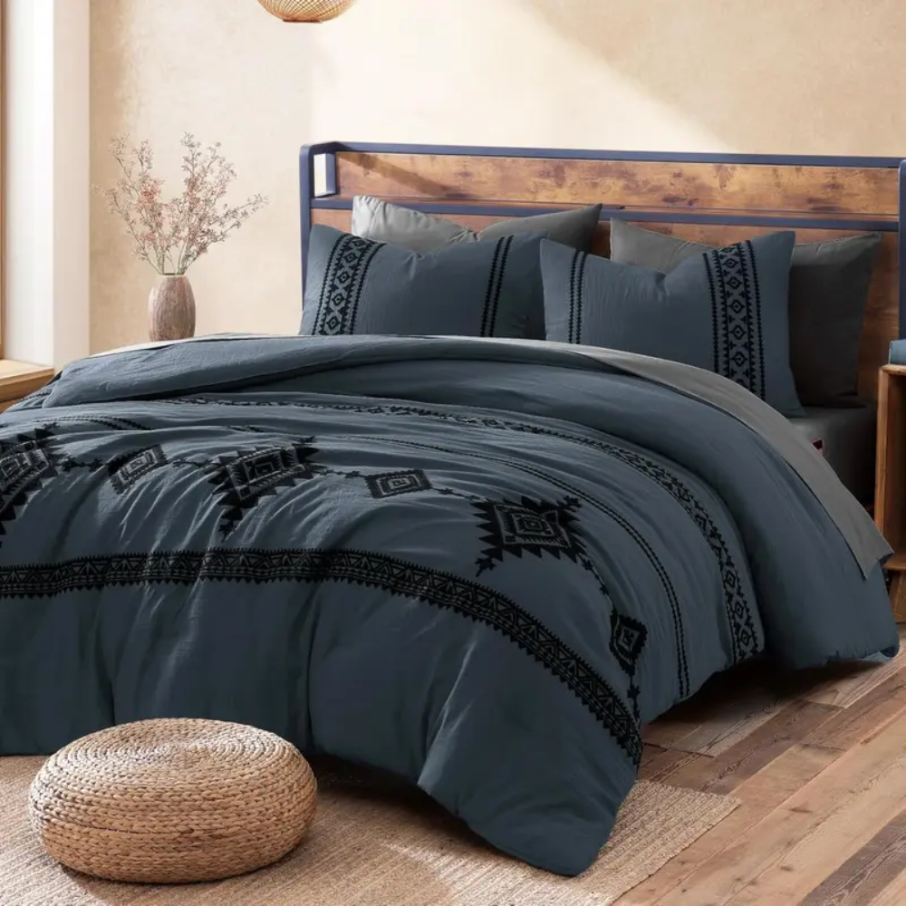 7 Pieces Boho Embroidered Comforter Set With Pillowcases And Shams