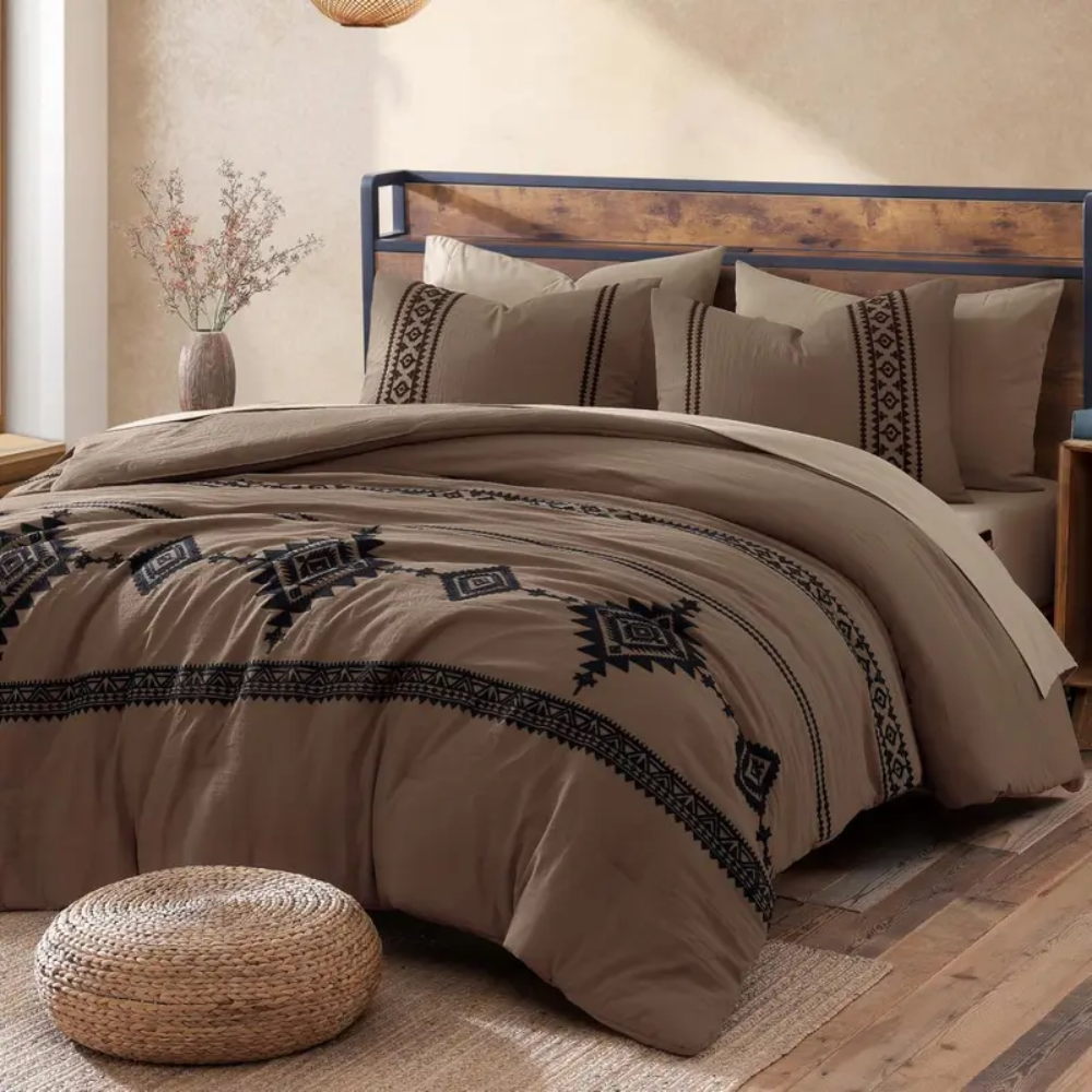 7 Pieces Boho Embroidered Comforter Set With Pillowcases And Shams