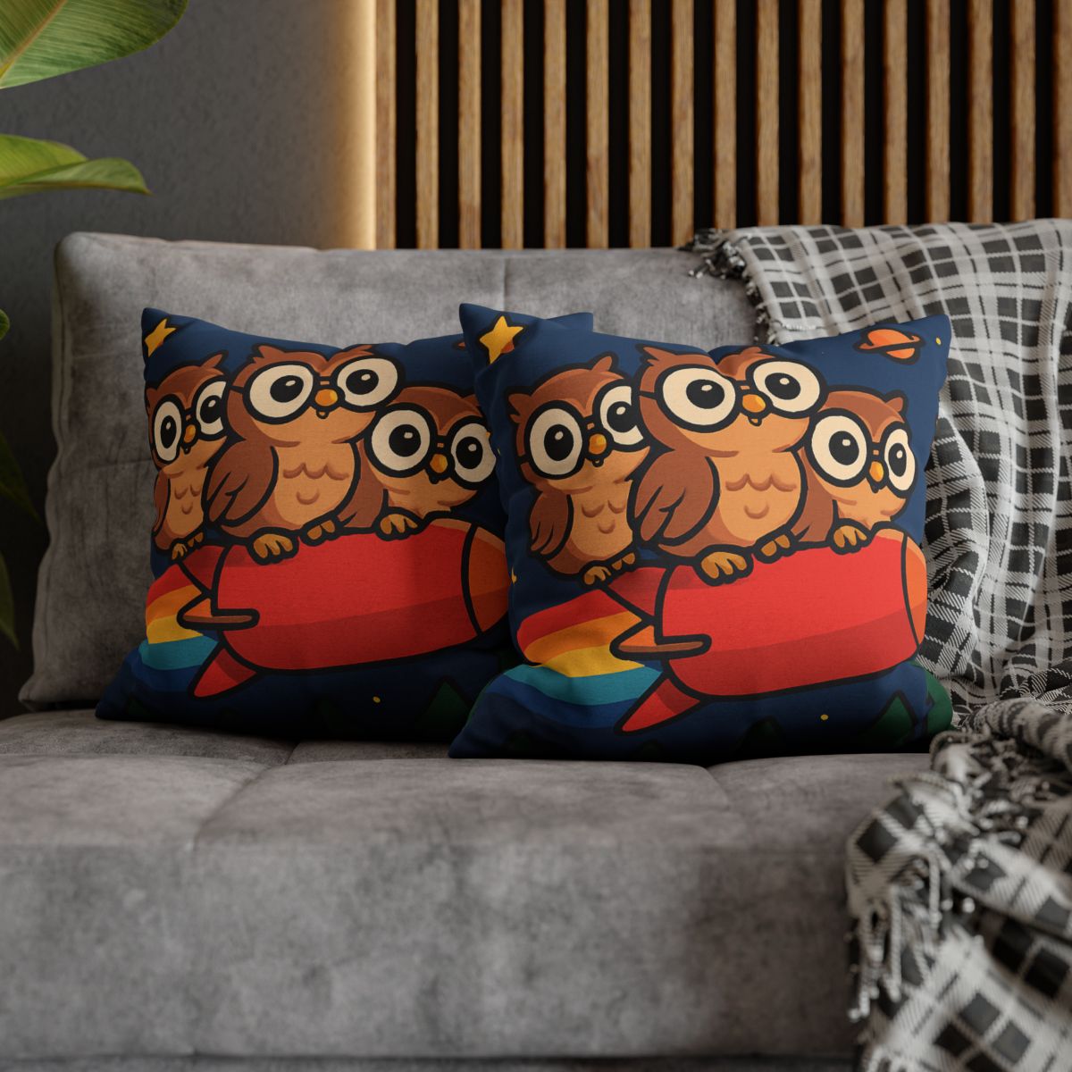Rocket Riding Forest Owls designer print pillow cases