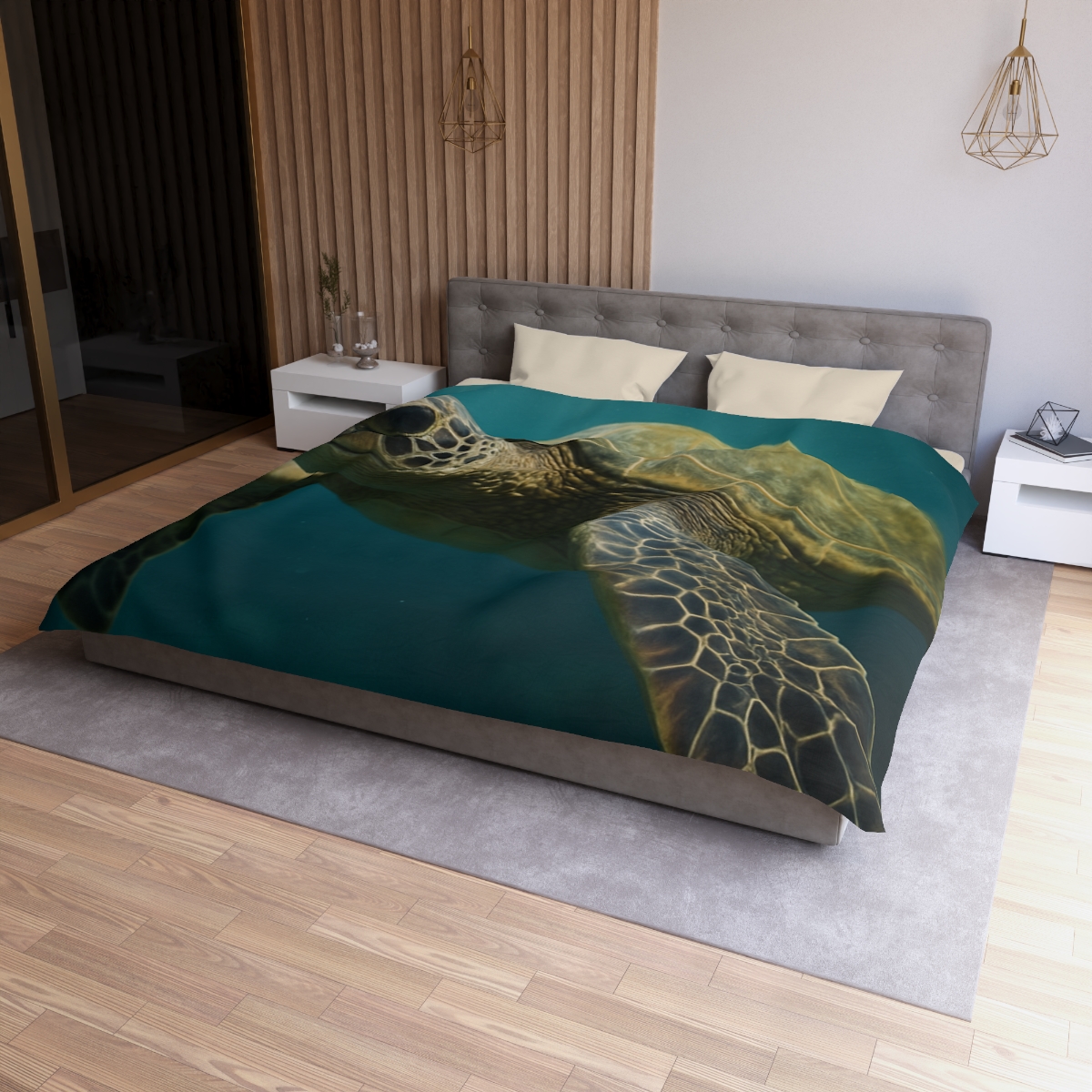 Glasswater Drift Green Sea Turtle designer printed duvets