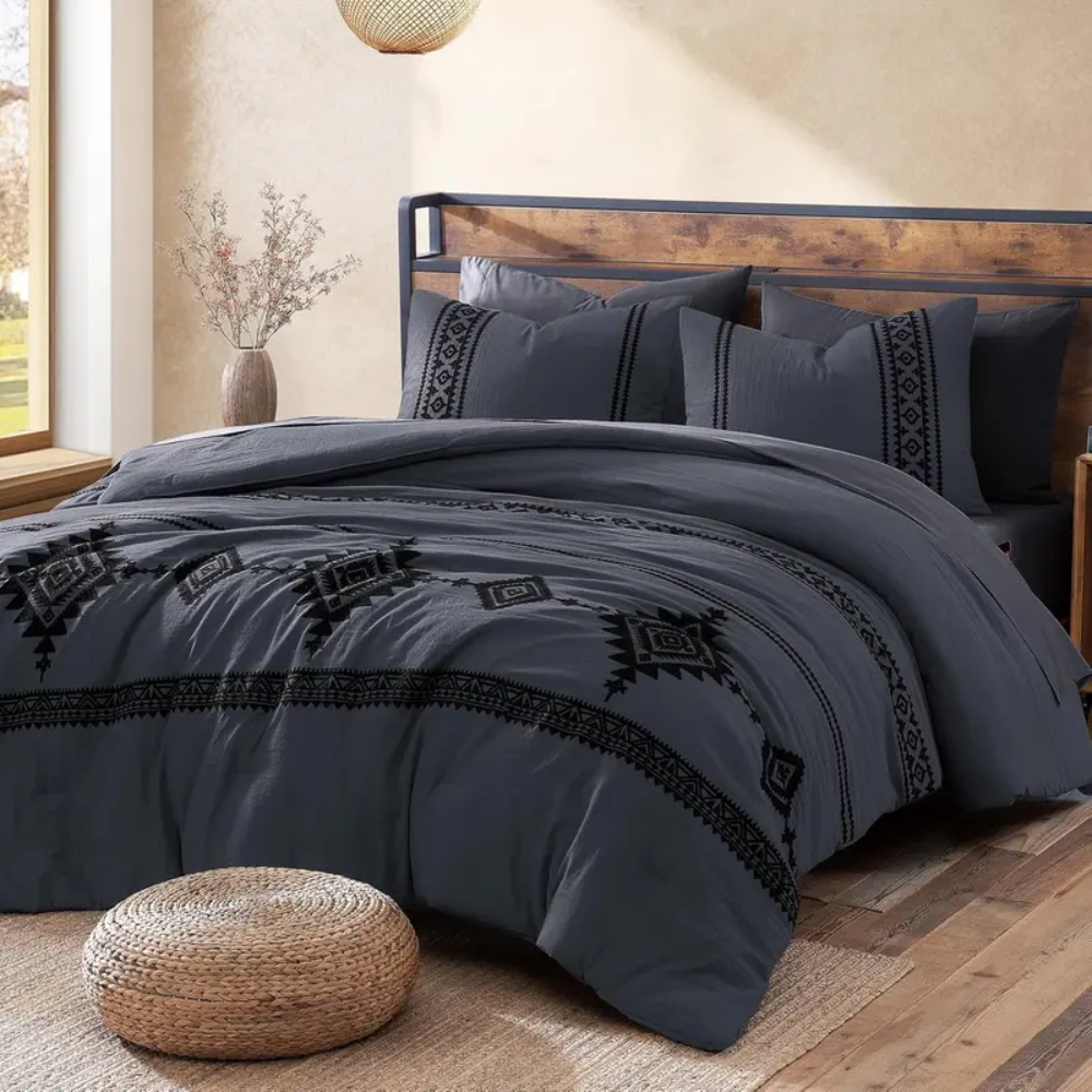 7 Pieces Boho Embroidered Comforter Set With Pillowcases And Shams
