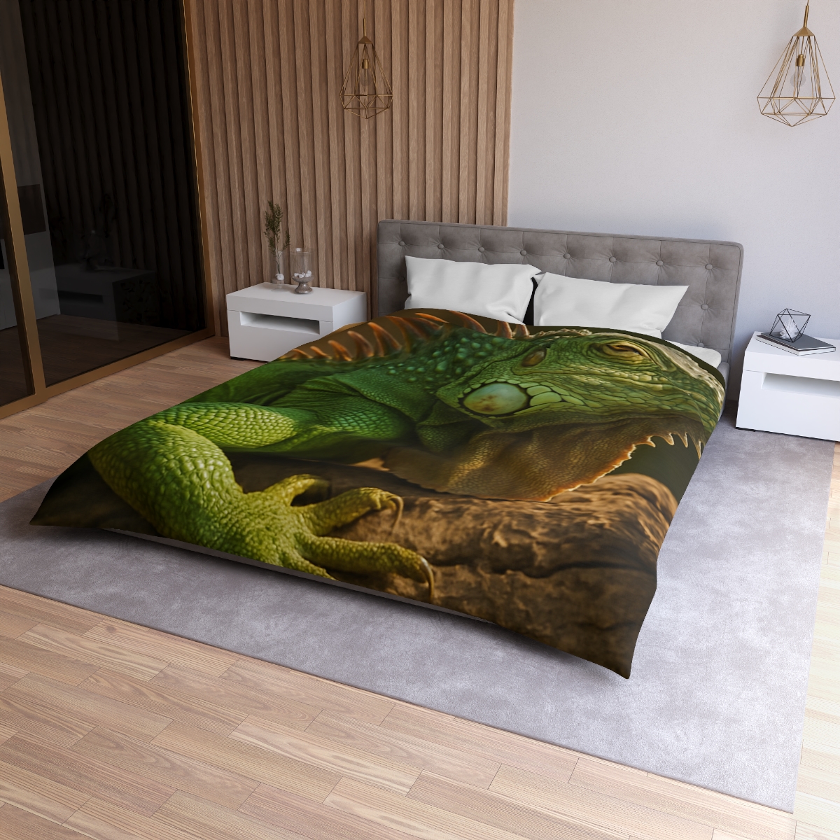 Sunlit Perch Green Iguana custom duvets