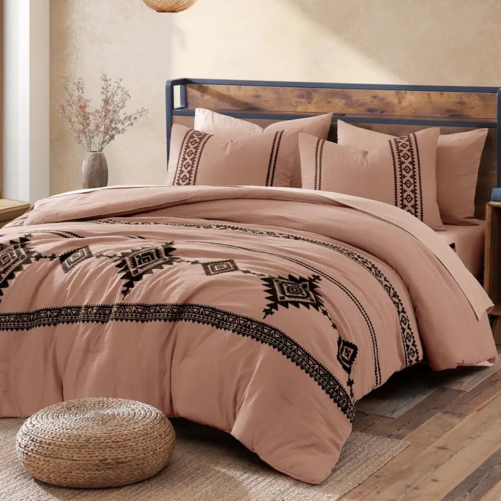 7 Pieces Boho Embroidered Comforter Set With Pillowcases And Shams