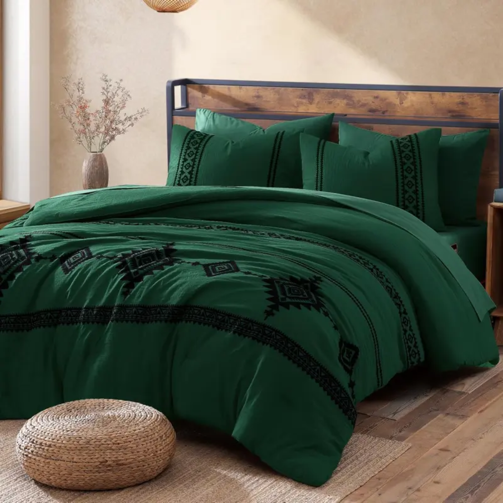 7 Pieces Boho Embroidered Comforter Set With Pillowcases And Shams
