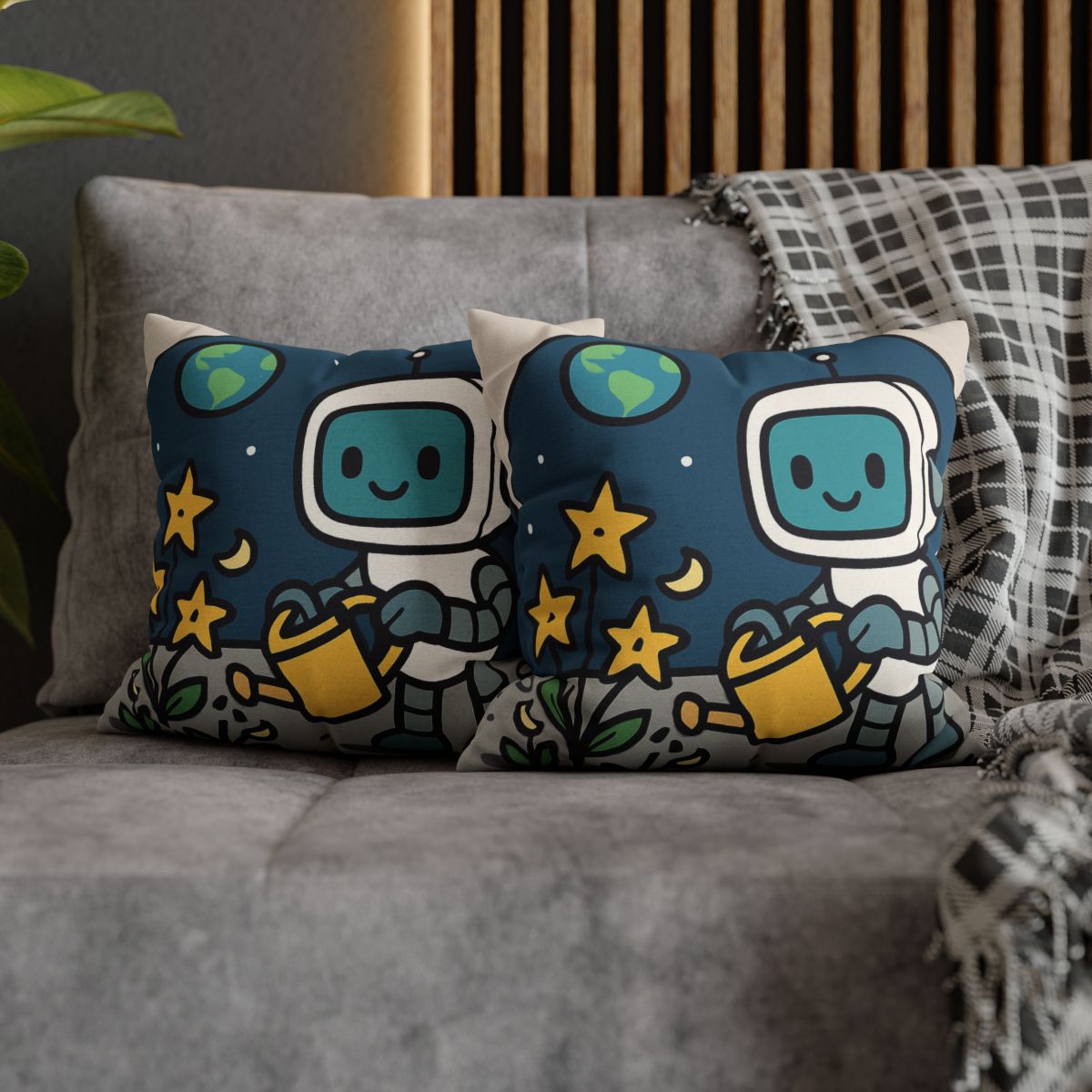 Moon Garden Robot And Space Sprouts designer print pillow cases
