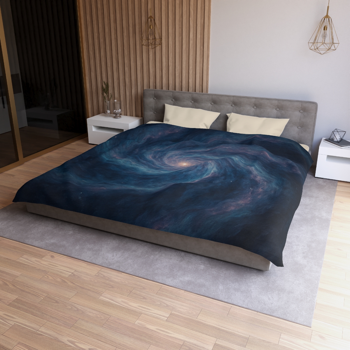Nebula Spiral Haze designer printed duvets