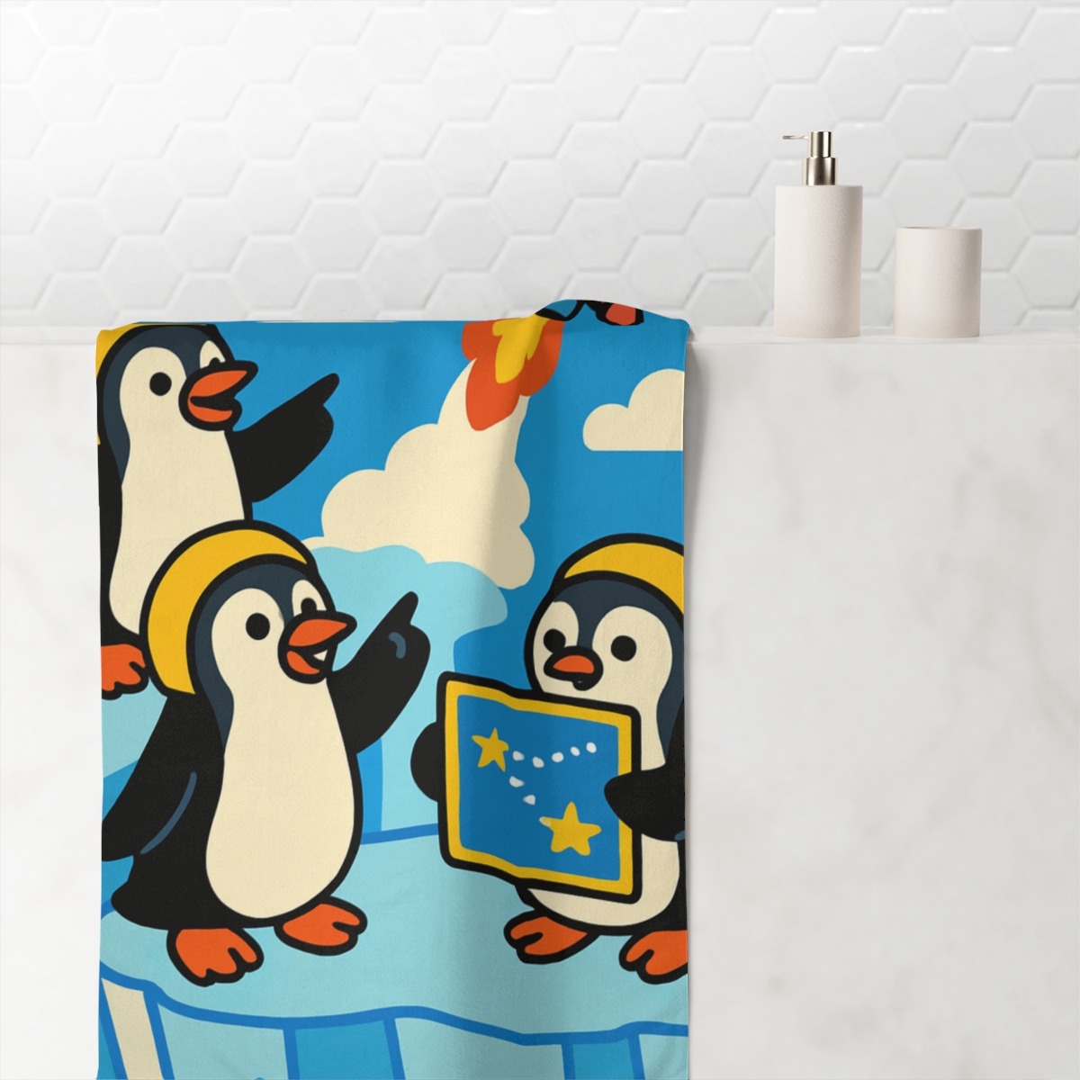 Rainbow Rocket Penguins stylish beach towels