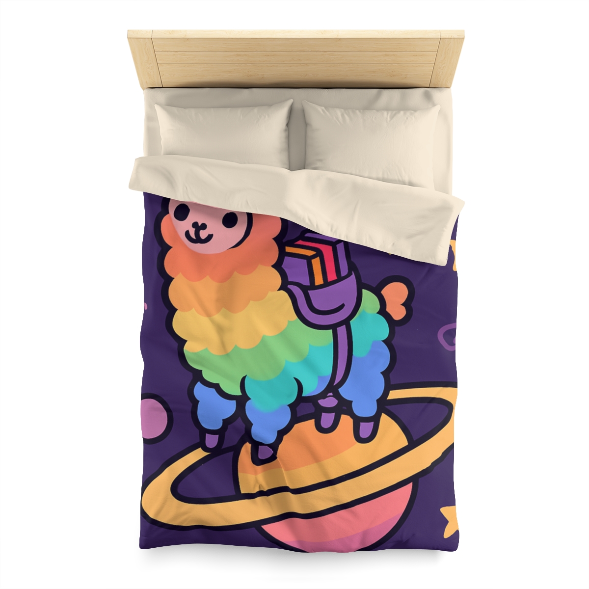 Galaxy Riding Rainbow Llama personalized bedding duvets