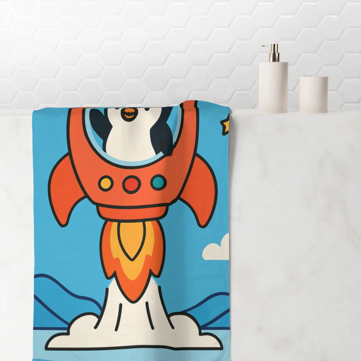 Bubble Rocket Penguin designer printed towels