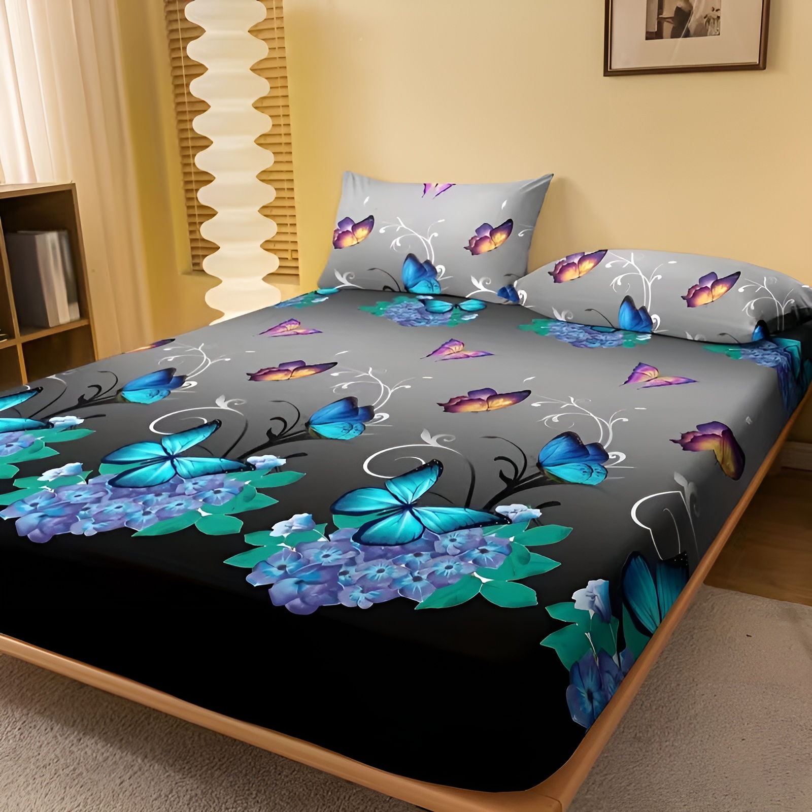 Vibrant Butterfly Floral Pattern Fitted Sheet