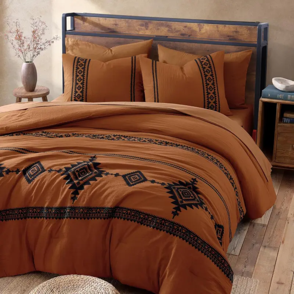 7 Pieces Boho Embroidered Comforter Set With Pillowcases And Shams