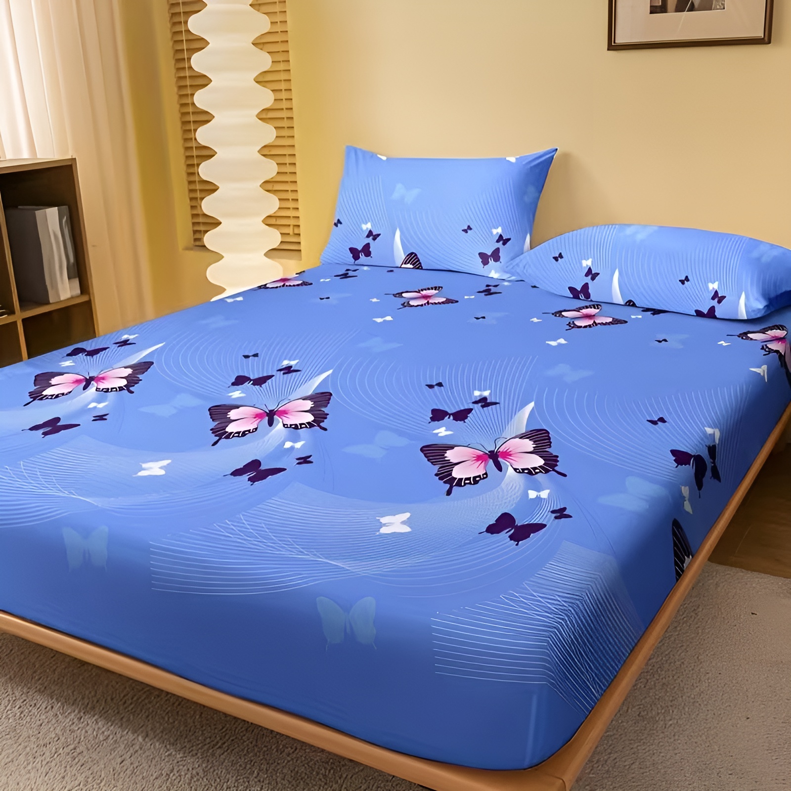 Printed Flannel Fitted Bed Sheet With Butterfly Design For Bedroom