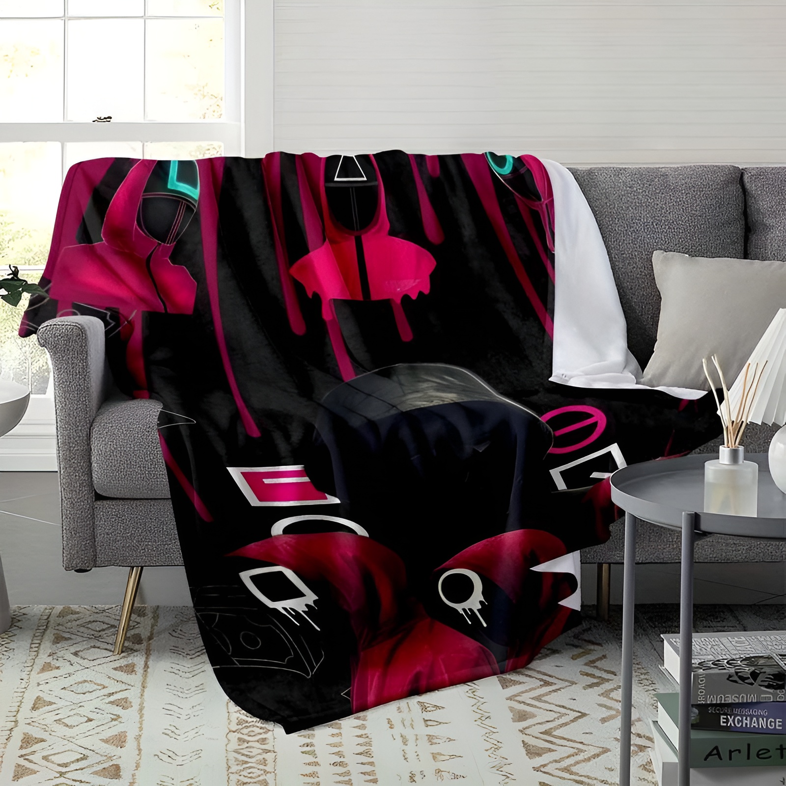 Fleece Flannel Blanket with Geometric Mask Print Soft Warm Lightweight 