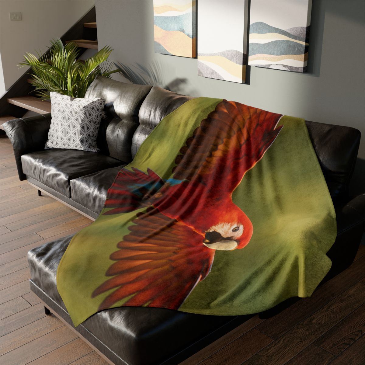 Scarlet Arc Macaw In Flight soft fleece blankets