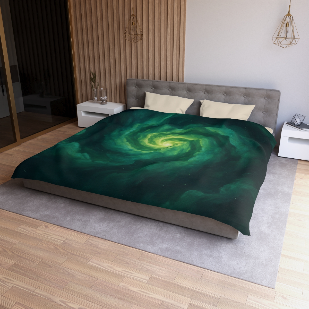 Verdant Nebula Swirl designer printed duvets