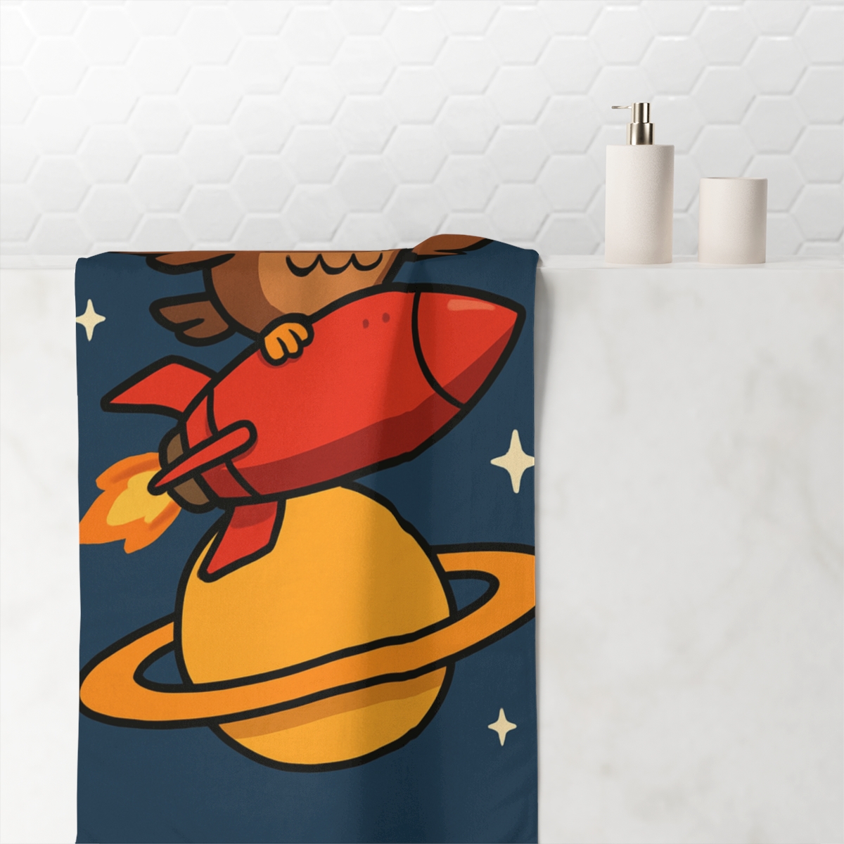 Rocket Riding Owl Over Saturn comfortable face towels