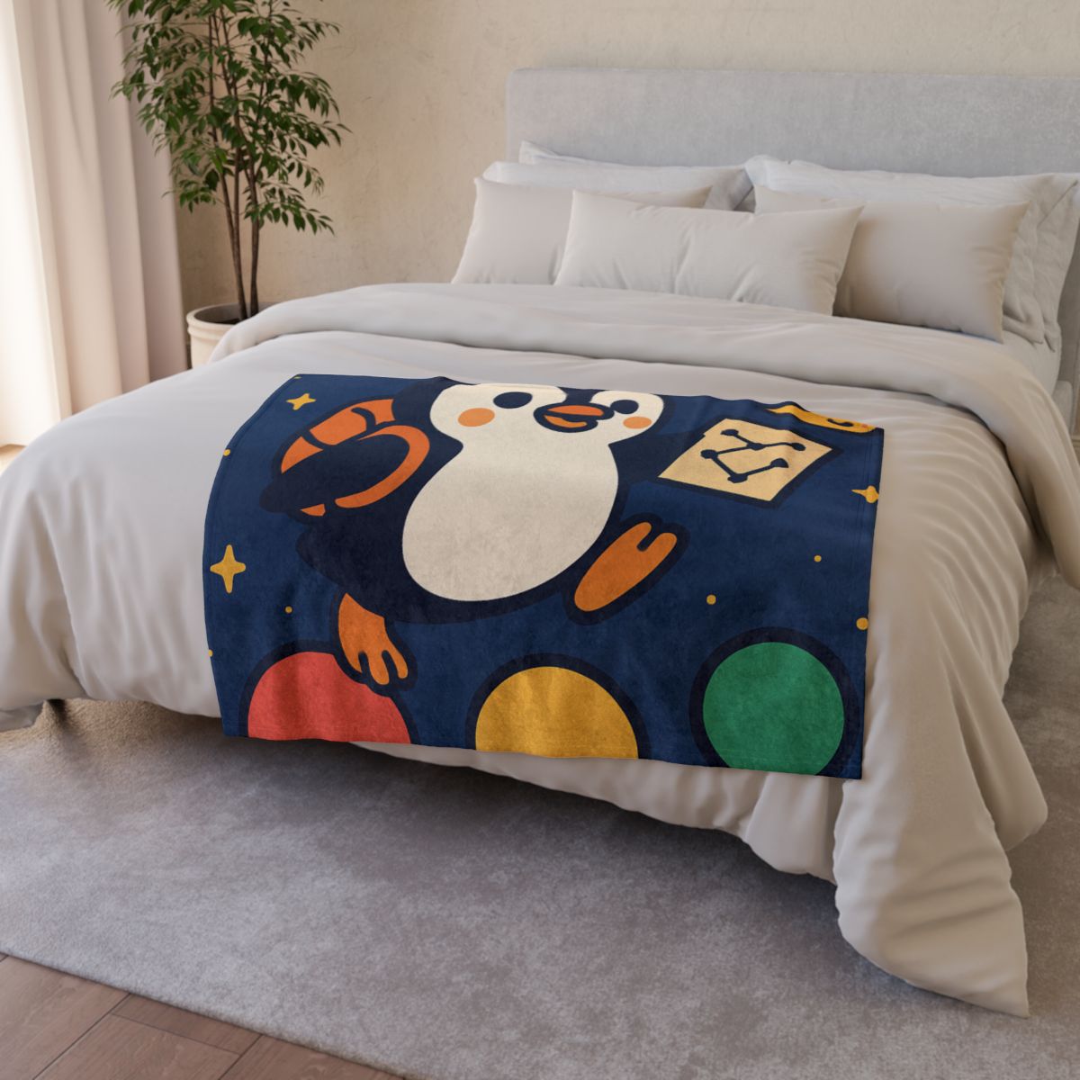 Planet Hopping Penguin Explorer designer printed blankets