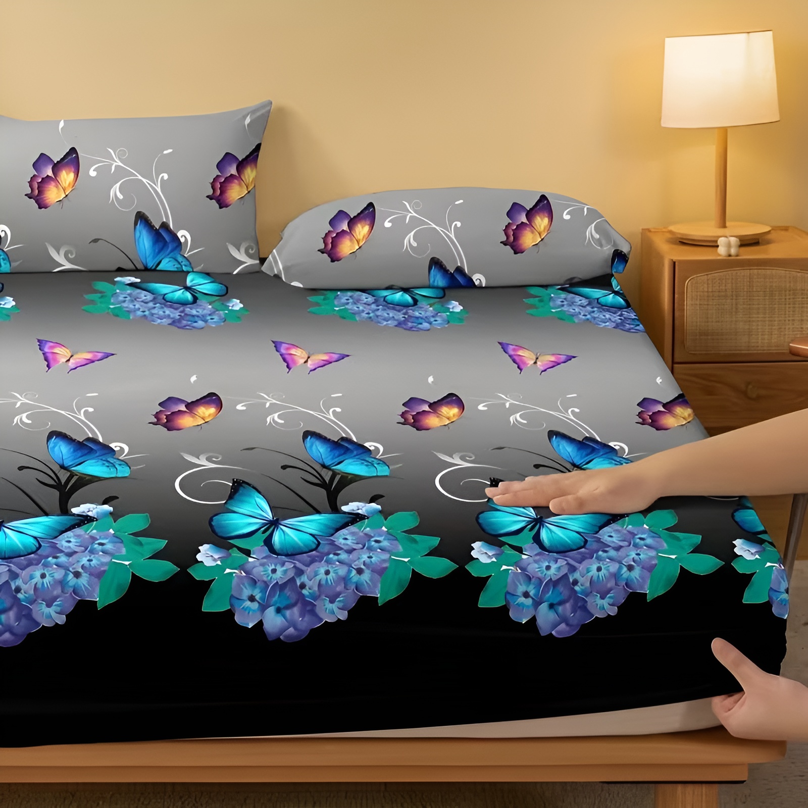 Vibrant Butterfly Floral Pattern Fitted Sheet