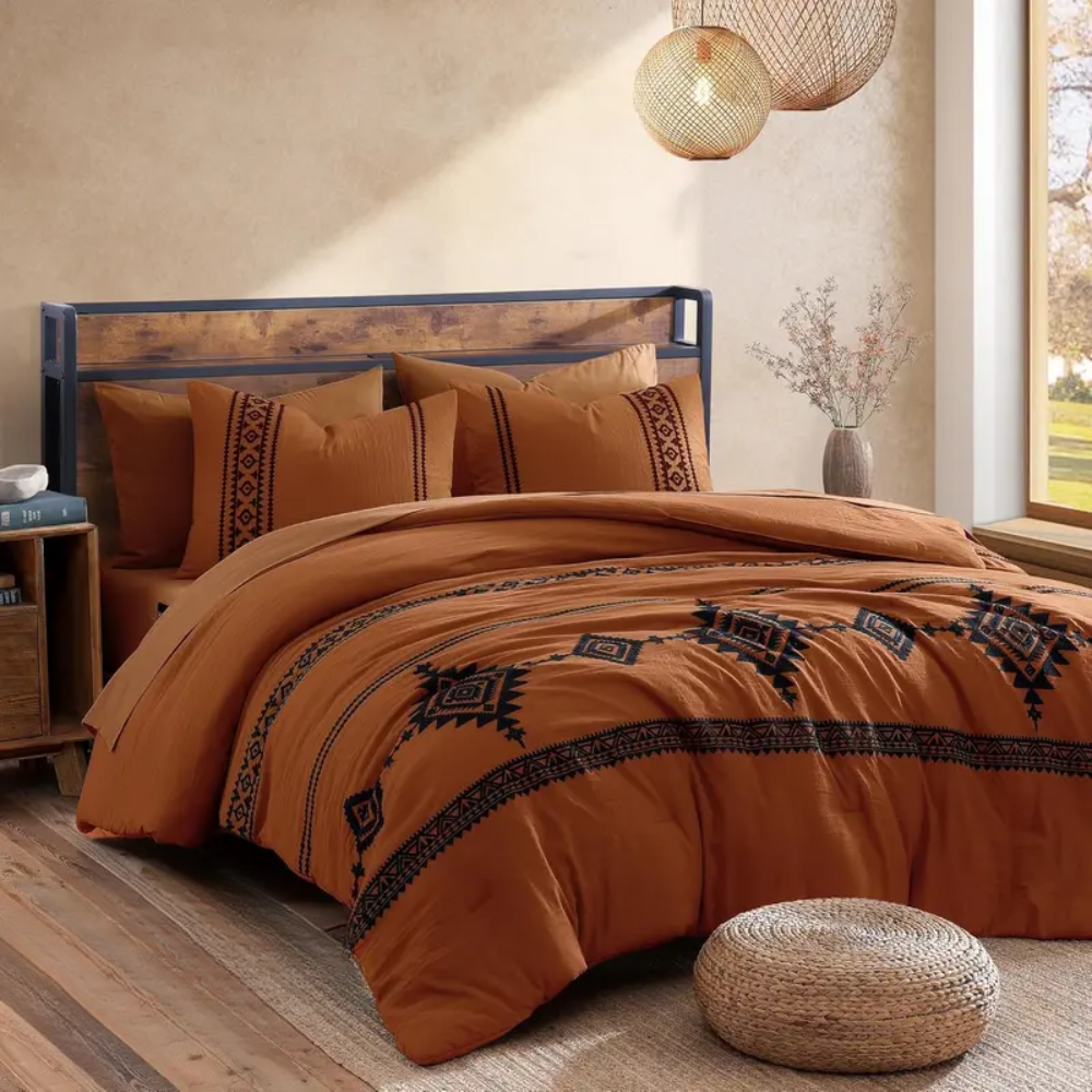 7 Pieces Boho Embroidered Comforter Set With Pillowcases And Shams