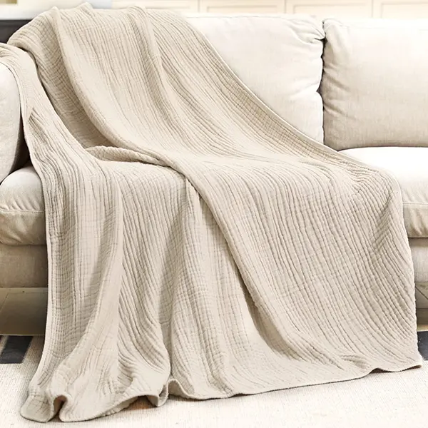 Cotton Throw Blanket Large 60" x 80" for Bed Couch 6-Layer Gauze Blanket for Adults Sofa Cozy and Breathable Apricot White