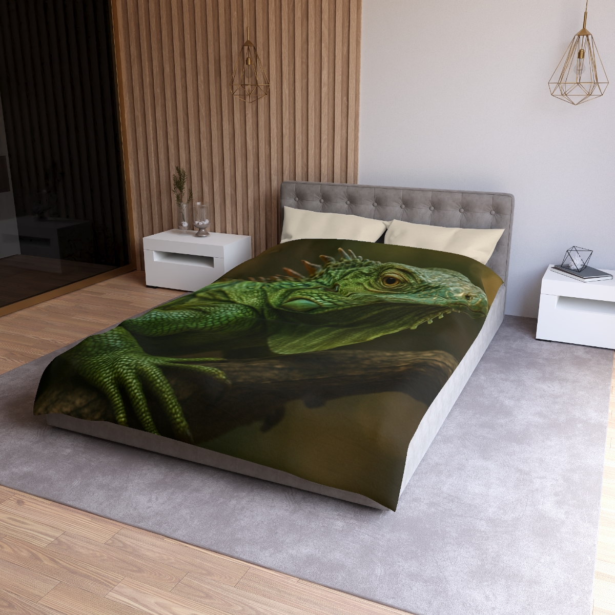 Starlit Stillness Green Iguana designer printed duvets